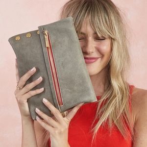 Hammitt VIP Pewter Gold Red Zipper Med satchel clutch crossbody leather